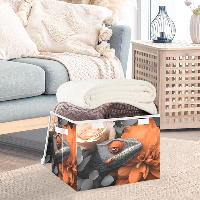 AIXIWAWA Lidded Storage Cube (Chameleon Floral) Fabric Foldable Closet Bins with Flip Lid and Handles Organizer Basket Container 16.5 x 12.6 x 11.8 IN
