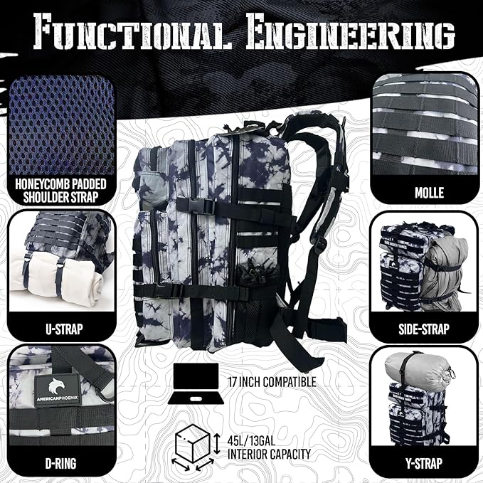 AMERICANPHOENIX 45L Elite Tactical Backpack | 3X Stronger Work &amp Military Backpack | Water Resistant and Heavy Duty | 3 Day MOLLE Bug Out Bag (Black Ice)