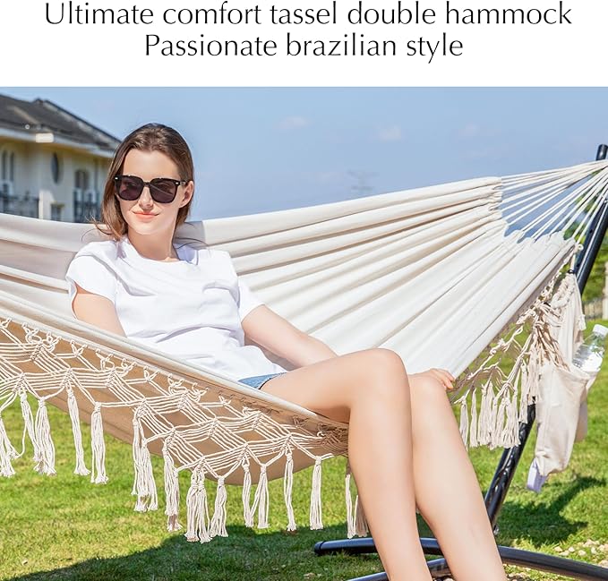 PNAEUT Handmade Tassel Hammocks Double Hammock with Stand for Outside Max 450 lbs Capacity Pillow &amp Storage Bag Included (Beige)