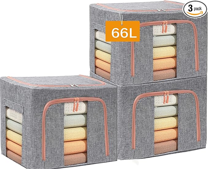 Large Capacity Clothes Storage BagsStackable Storage Organizer with Foldable Metal Frame 2-Way Zipper Handles Clear Window for Clothes Bedding Seasonal Storage (3Pack 66L)