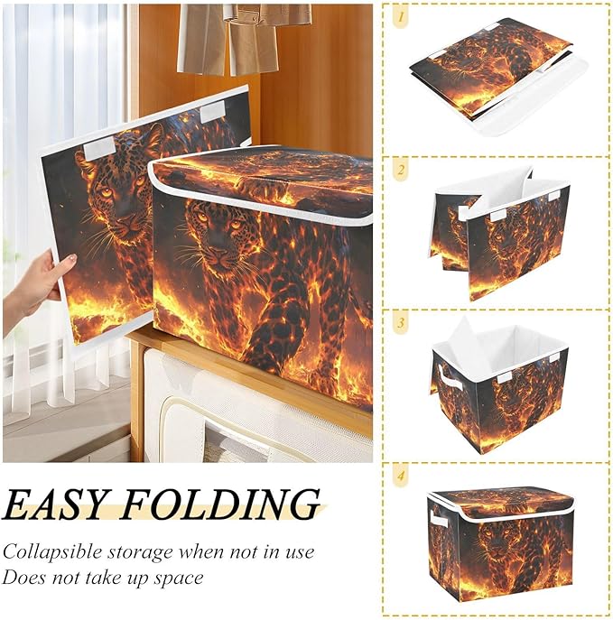 AIXIWAWA Lidded Storage Cube (Leopard with Flame) Fabric Foldable Closet Bins with Flip Lid and Handles Organizer Basket Container 16.5 x 12.6 x 11.8 IN