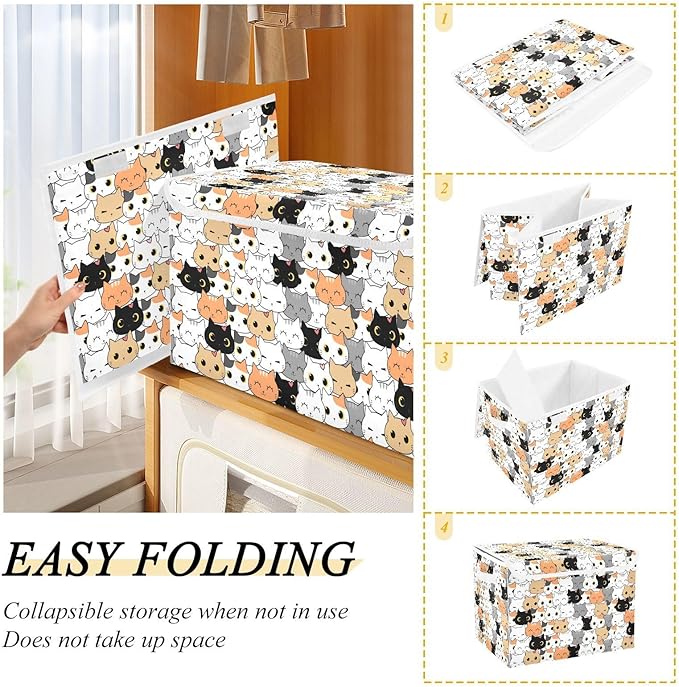 Storage Box Cat Cartoon Closet Storage Bins with Lids Foldable Oxford Fabric Storage Box for Home Bedroom Closet Office (16.5x12.6x11.8 in)