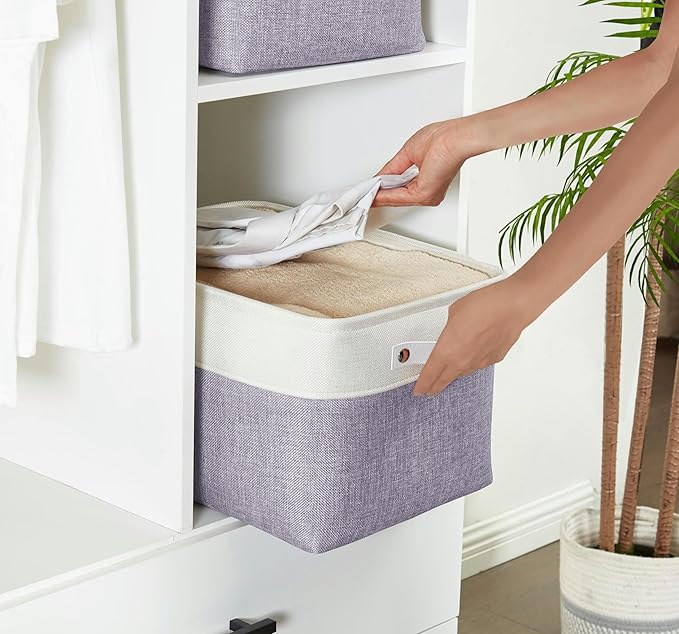 DECOMOMO Storage Baskets for Shelves - Fabric Storage Bins Linen Closet Organizers and Storage (Purple &amp White Large - 3 Pack)