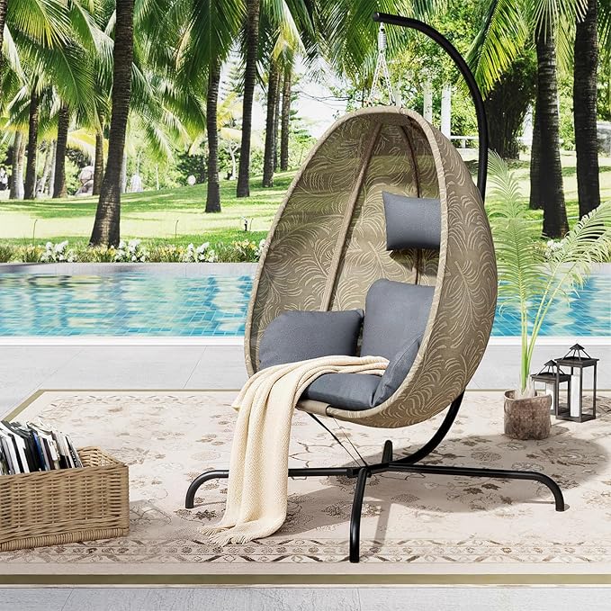 ALAULM Foldable Egg Chair with Stand 485LBS Capacity Textilene Hammock Swing Chair for Outdoor &amp Indoor Hanging Chair with Strong Frame &amp UV Resistant Cushion for Balcony Bedroom Light Gra