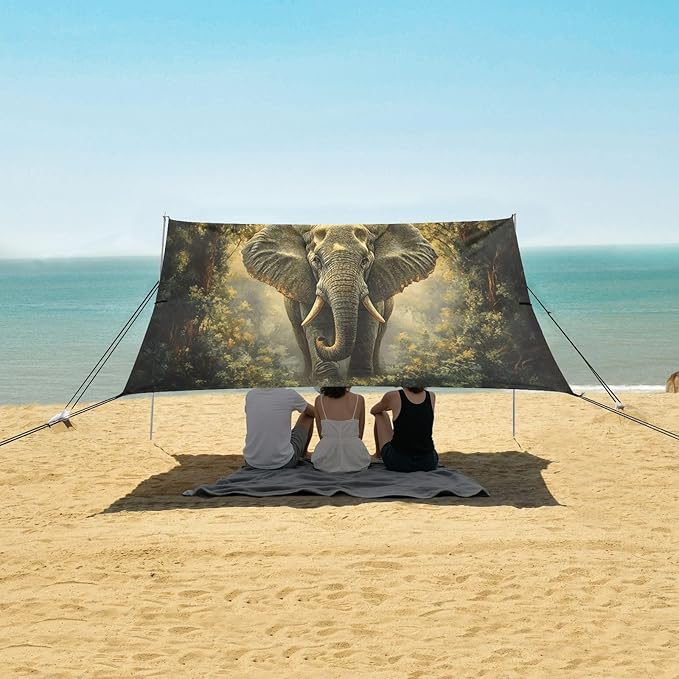 Jungle Elephant Beach Tent Sun Shelter Set UPF50+ UV Protection 10.5 x 9.19 FT Camping Shade Canopy with Sandbags Sand Anchors Carrying Bag and Others
