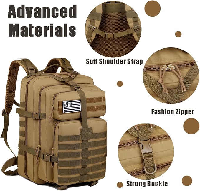 45L Military Tactical Backpack for Men Large 3-Day Assault Pack MOLLE Rucksack Waterproof Survival Bug Out Bag for Hiking Camping Hunting Gym &amp Work Includes US Flag Patch - Stealth Black