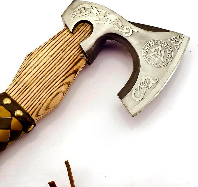Custom Forged Carbon Steel Viking Style Bearded Axe - Real Hatchet Throwing &amp Camping Axe with Leather Wrap Best Gift for Anniversary Valentine's Day Birthday with Premium Leather Sheath
