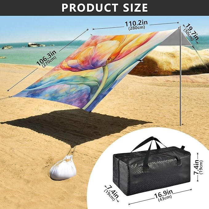 ALAZA Watercolor Tulip Flower Elegant Leaf Beach Tent Sun Shelter Portable Canopy Sunshade for Outdoor Camping Picnics Backyard Fun 10x9 ft