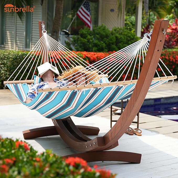 Lazy Daze Hammocks 12 FT Sunbrella Fabric Hammock not Fading with Spreader Bars and Free Pillow Fits for 2 Persons All Weather and Fade Resistant for Patio Yard 450 lbs Capacity Token Surfside