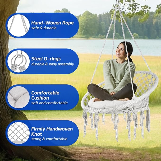 Hammock Chair Swing Cotton Rope Handwoven Hanging Chair 330 Pounds Capacity Tassels Hammock Swing for C-Hammock Stand Living Room Yard Garden Balcony (Grey)