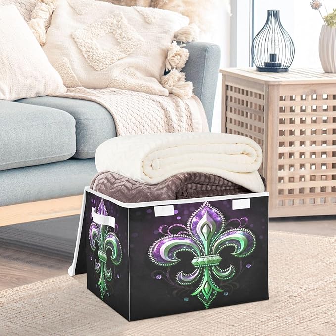 Christmas Storage Baskets with Lids Mardi Gras Collapsible Bins Stackable Fabric Linen Baskets Closet Organizer Container 16.5x12.6x11.8