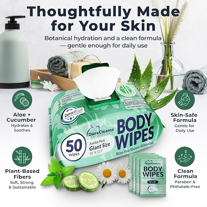 Body Wipes for Women Extra Moist No Rinse Bathing Sheets 4pk 200 XL Shower Cloths + 16 Deodorizing Bath Wipes -10 x 11.5 Travel Size EssentialsToiletries for Womens Hygiene &amp Post Workout Clea