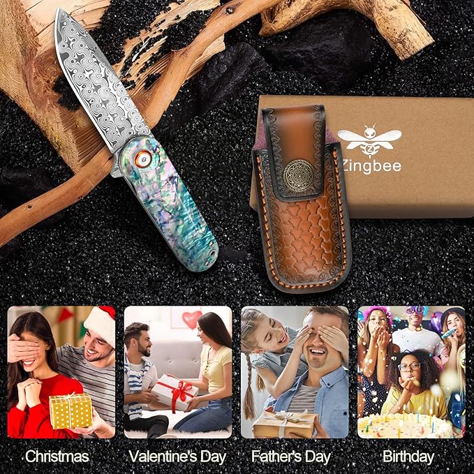 Zingbee Damascus Pocket Knife with Sheath 2.95 Damascus Steel Blade Folding Knife with Abalone Shell Handle EDC Pocket Knives for Men Women Outdoor Indoor Camping