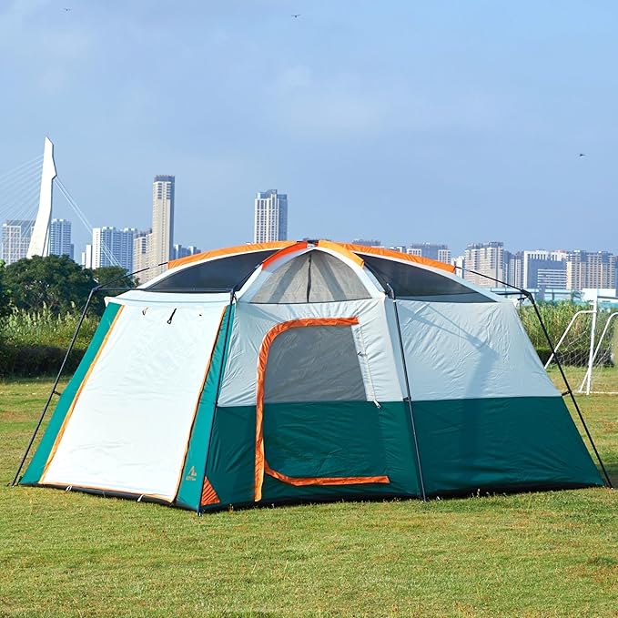 KTT Extra Large Tent 6-10-12-14 Person(A)Family Cabin Tents2 Rooms3 Doors and 3 Windows with MeshStraight WallWaterproofDouble LayerBig Tent for OutdoorPicnicCampingFamily Gathering