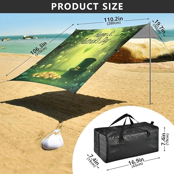 xigua St. Patrick's Day Beach Tent Sun Shelter with Carrying Bag - Silver Coated Oxford Fabric Beach Canopy for Beach Camping Fishing - Includes Windproof Ropes Sandbags &amp Stakes