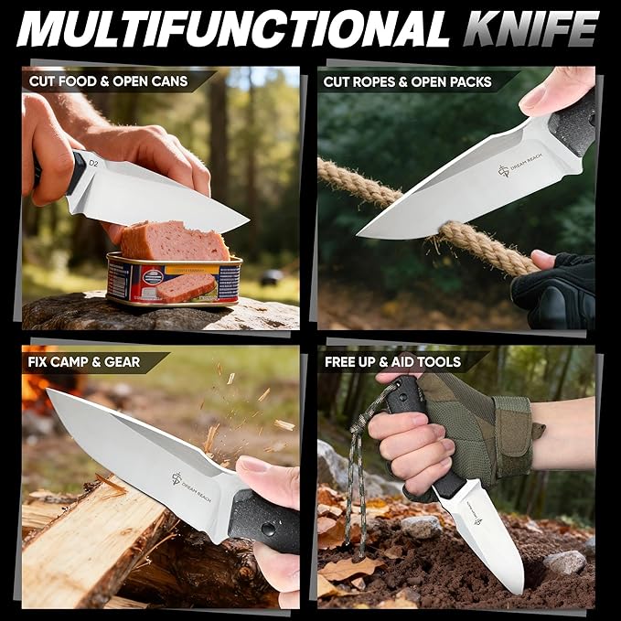 Dream Reach Fixed Blade Knife - D2 Steel Tactical Knife with Ergonomic Full Tang Handle and Kydex Sheath for Outdoor Camping Survival Gift for Men Women Black
