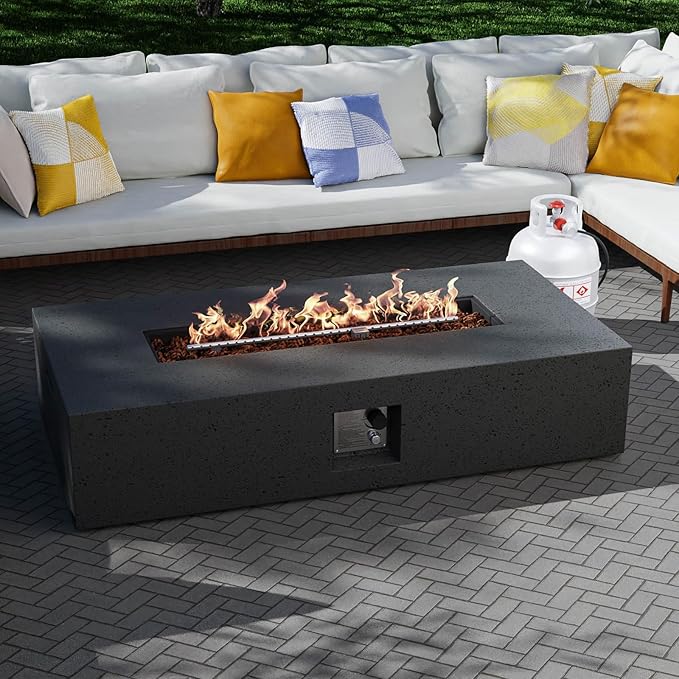 SUNBURY Outdoor Travertine Fire Pit Table 56 inches Rectangle Propane Gas Patio Fire Pit 50000 BTU Concrete Low Firepit Table with Lava Rocks Waterproof Cover (Grey)