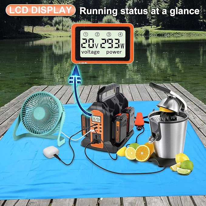 DC 20V to AC 120V Power Inverter for Black and Decker 20V Battery 350W Pure Sine Wave Power Portable Inverter Converter with LCD Display and LED Light 4 Battery Port