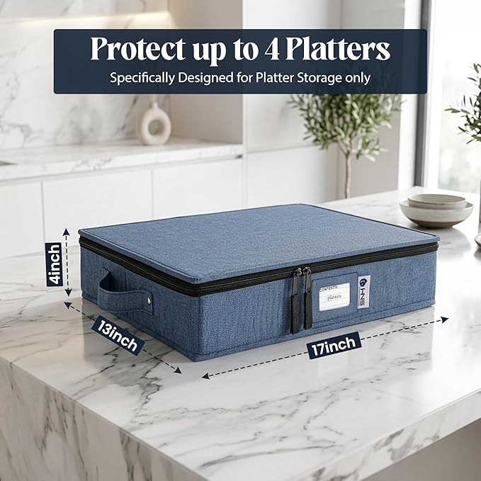 Platter Storage Containers - Hard Shell Protection for Fine China Sturdy Dish Organizer with Dividers for Seasonal Storage Moving &amp More - Protects up to 4 Platters (Blue)