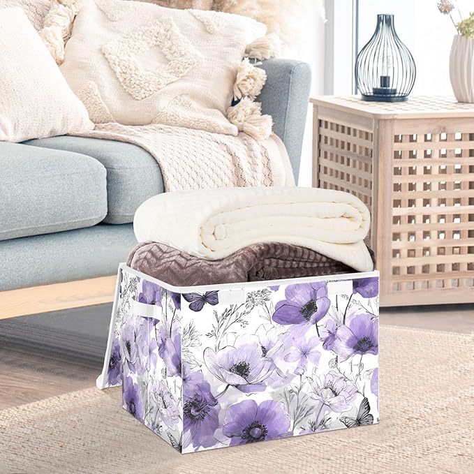 Elegant Purple Flowers Butterflies Storage Box with Lid 1 PC Foldable Storage Bin with Lids Stackable Storage Bins Cube Closet Organizer Basket with Flip-Top Lid &amp Handles for Shoes Books Towels