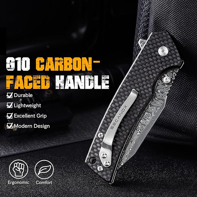 Damascus Pocket Knife for Men 3.35 Sharp Damascus Steel Blade Folding Knives Carbon-Faced G10 Handle EDC Knifes for Camping Hiking Collection