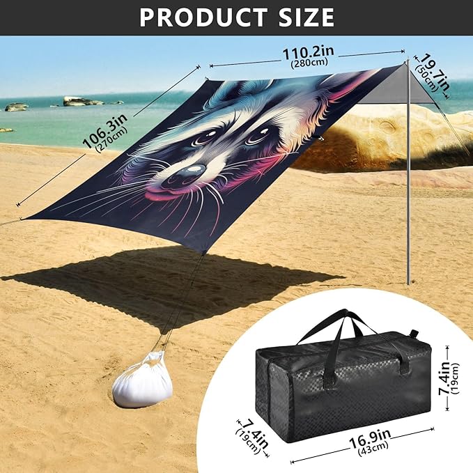 ALAZA Raccoon Portrait Gradient Beach Tent Sun Shelter UPF50+ Protection Beach Shade Canopy w/ 4 Sandbags for Outdoor Camping Fishing Backyard Fun Picnic 10x9 ft
