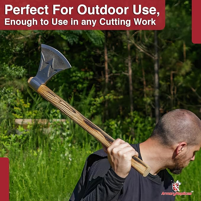 Armory Replicas™ Split Seas Outdoor Axe – 26 Handmade High Carbon Steel Axe with Sheesham Wood Handle – Trident Motif Functional Camping Tool or Decorative Display Piece