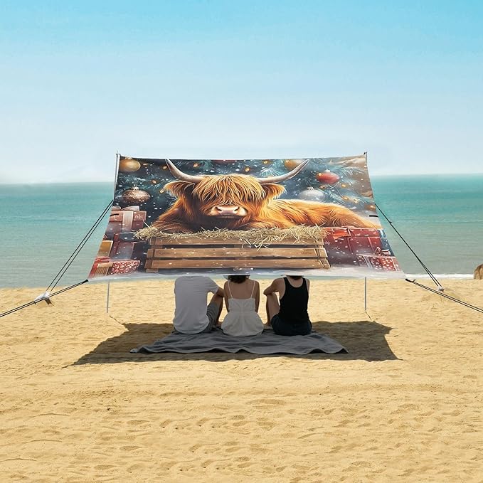 ALAZA Christmas Tree Highland Cow Beach Tent Sun Shelter Portable Canopy Sunshade for Outdoor Camping Picnics Backyard Fun 10x9 ft