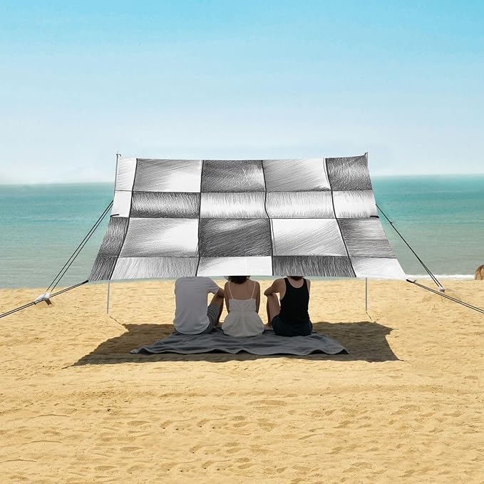 Silver Checked Hand-Drawn Sketch Beach Cabana UPF50 Easy Setup Portable Sun Shelter with Sandbags Sand Shovel Poles for Backyard and Camping
