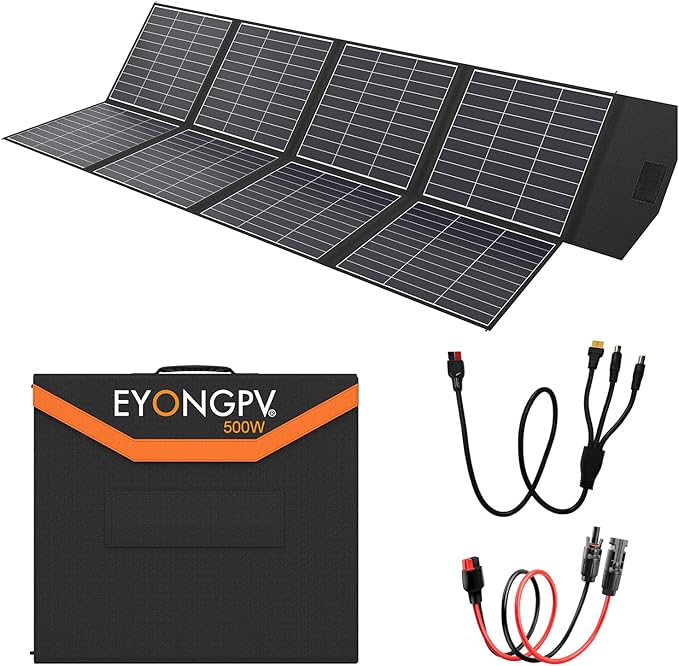 EYONGPV 500W Portable Solar Panel 26% HPBC Cells Foldable Solar Charger 15ft (4.5m) Cable 30A Anderson Output IP65 Waterproof for RV Camping for EcoFlow Anker Jackery Bluetti Power Station