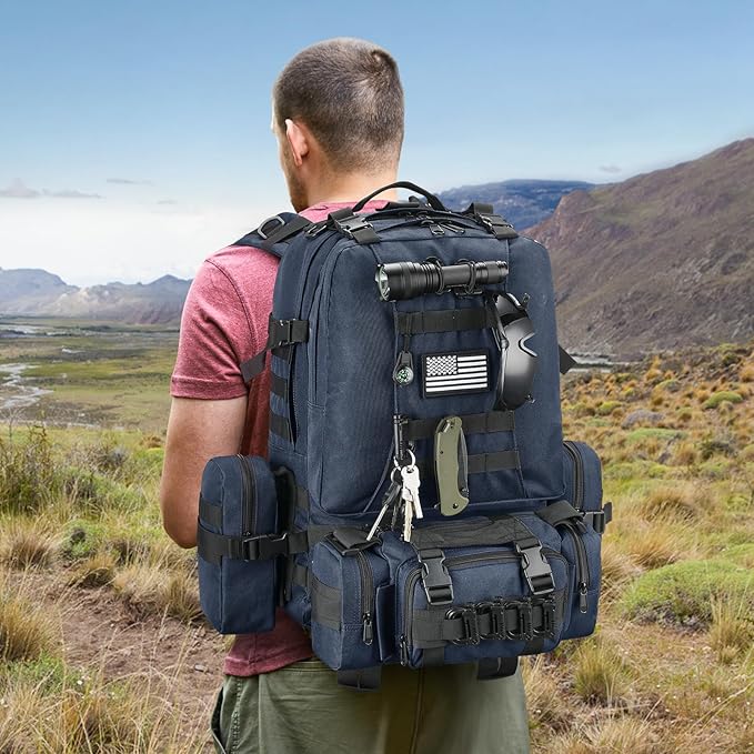 CVLIFE 60L Tactical Backpack for Men Women Military Large Army Rucksack With D-Ring Molle Clips Compass Accessories 3 Day Bug Out Survival Molle Bag Hiking Camping Gym Daypack Backpack Blue