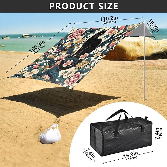 Black Cat and Japanese Flowers Beach Tent Sun Shelter Set UPF50+ UV Protection 10.5 x 9.19 FT Camping Shade Canopy with Sandbags Sand Anchors Carrying Bag and Others