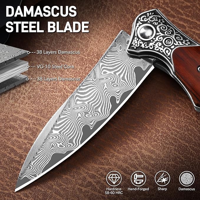 Damascus Pocket Knife Sharp 3.54 Damascus Steel Folding Knives with Wood Handle EDC Knife for Camping Hiking Collection
