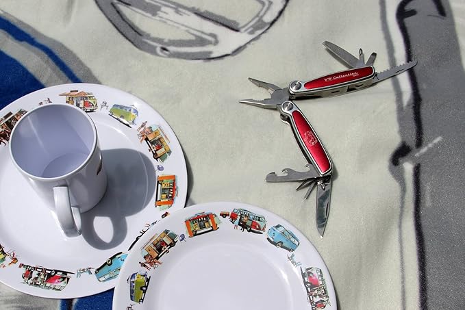 BRISA VW Collection - Volkswagen Multitool Foldable Pocket Tool 8 in 1 Stainless Steel Multifunctional in Retro/Vintage with VW T1 Bus (Silhouette/Red)
