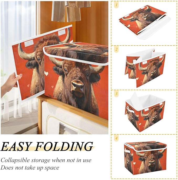 AIXIWAWA Lidded Storage Cube (Bison Heart) Fabric Foldable Closet Bins with Flip Lid and Handles Organizer Basket Container 16.5 x 12.6 x 11.8 IN