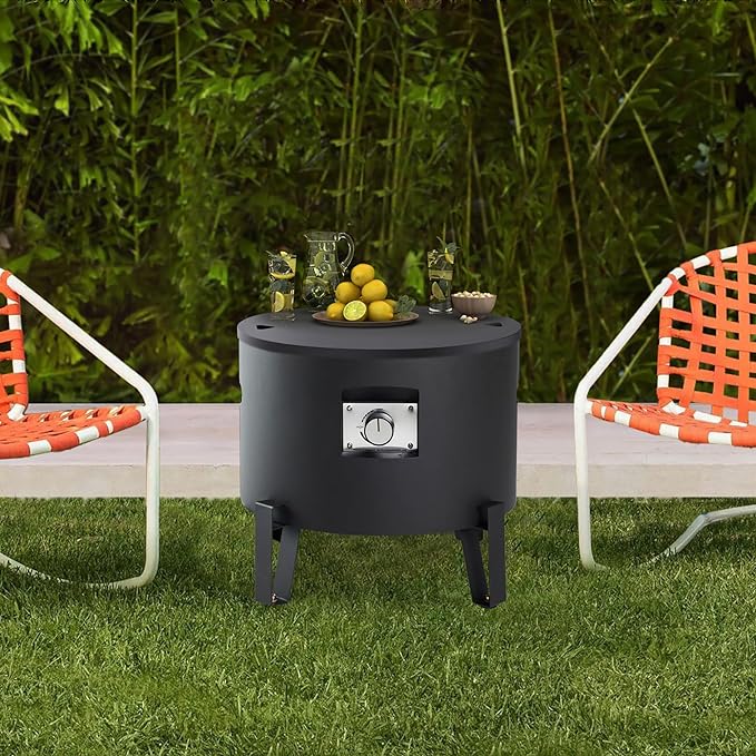 BAIDE HOME Portable Propane Fire Pit for Camping RV 50000 BTU Round 15'' H x 16'' W Portable Gas Firepit W/Lid Glass Rocks &amp Weather Resistant for Outdoors Propane Extension Hose Black