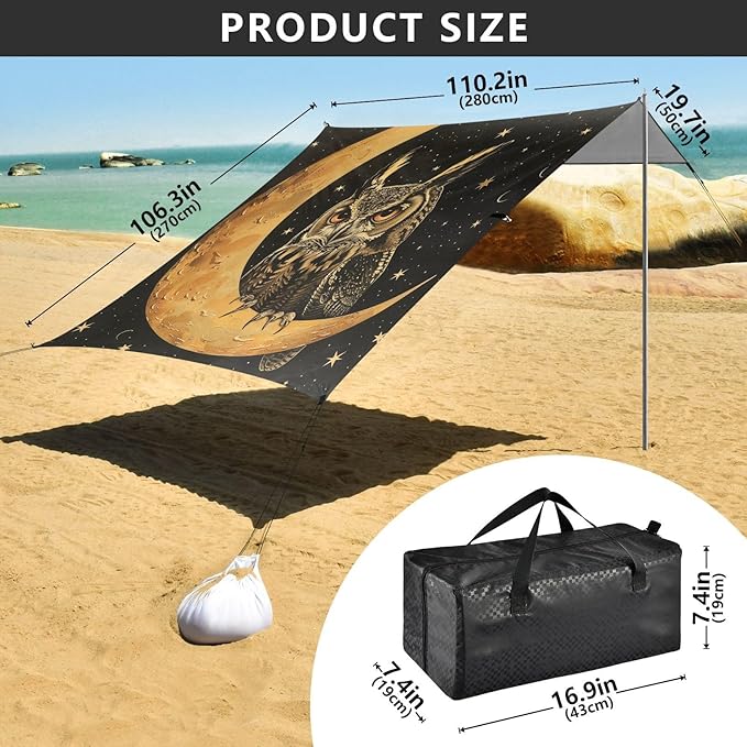 ALAZA Owl on The Moon Beach Tent Sun Shelter Portable Canopy Sunshade for Outdoor Camping Picnics Backyard Fun 10x9 ft
