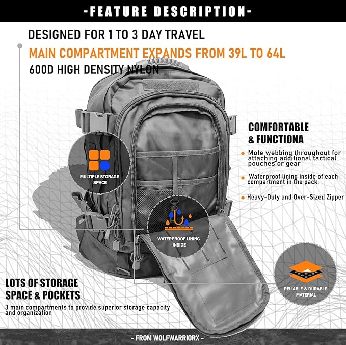 Miramrax Tactical Backpack Military Army Daypack - Assault Pack for Men Molle Backpacks Bug Out Bag 3 Day Pack for Hiking Camping Travel Hunting Rucksack Trekking Grey