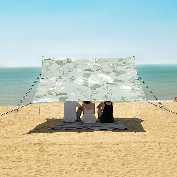 ALAZA White Rose Flower Light Green Beach Tent Sun Shelter UPF50+ Protection Beach Shade Canopy w/ 4 Sandbags for Outdoor Camping Fishing Backyard Fun Picnic 10x9 ft
