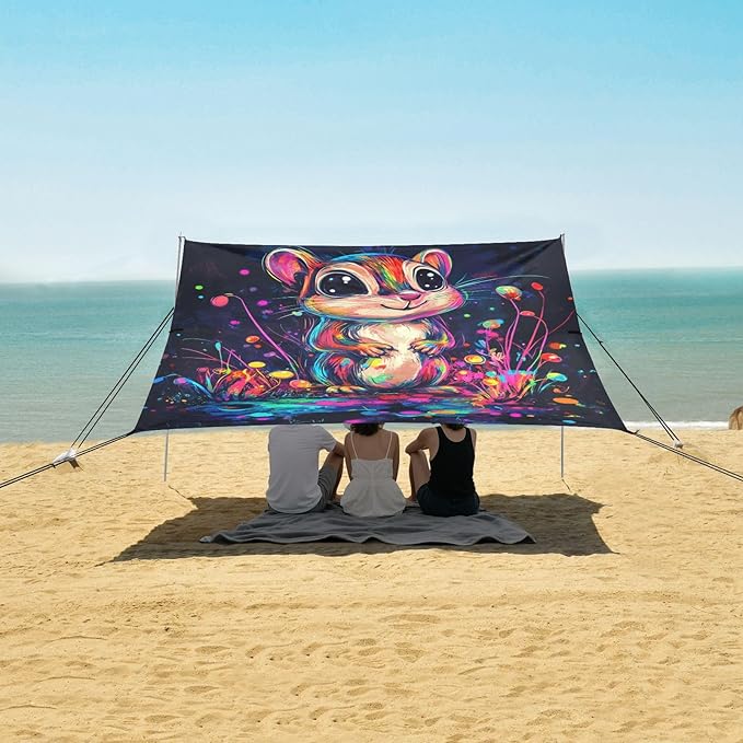 Cute Chipmunk2 Stable Beach Tent UPF50 Water-Resistant Shade Sun Shelter with Sand Shovel Sandbags for Camping Picnics Backyard &amp Fishing