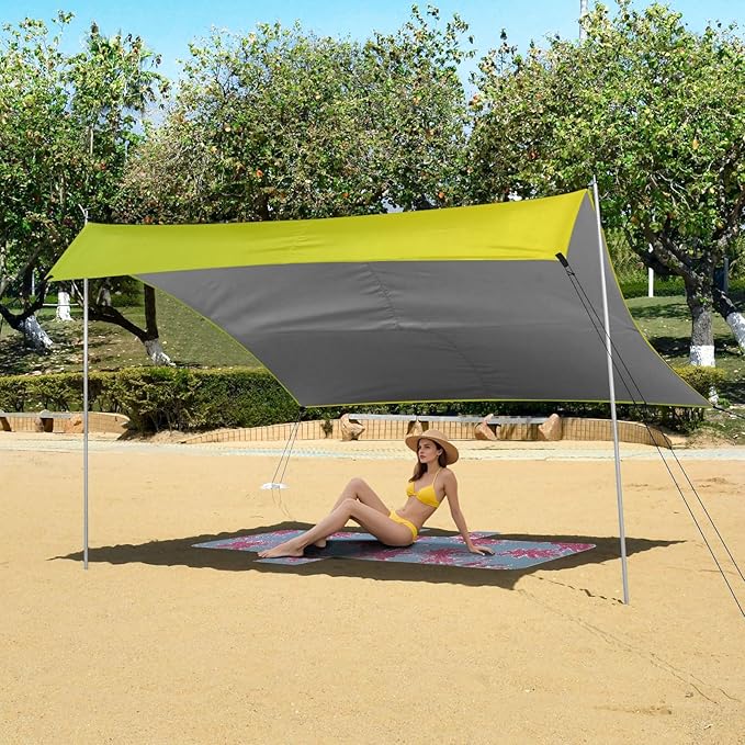Yellow Gradient Foldable Beach Cabana UPF50+ Waterproof Large Portable Sun Shelter with Sand Shovel Sandbags for Backyard and Camping