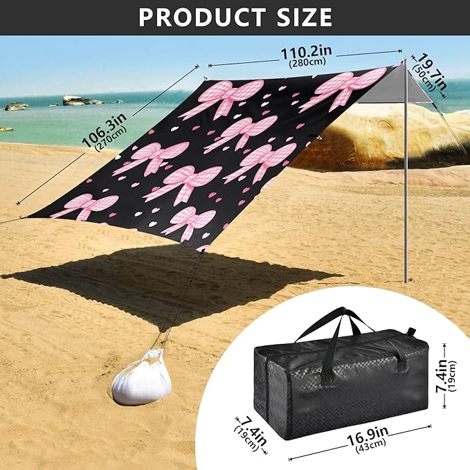 ALAZA Pink Bow Heart Pattern Beach Tent Sun Shelter Portable Canopy Sunshade for Outdoor Camping Picnics Backyard Fun 10x9 ft