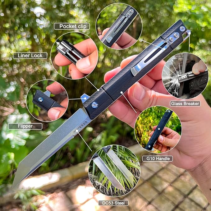 Flipper Pocket Folding Knife DC53 Steel Blade and Black G10 Handle with Pocket Clip and Glass Breaker EDC Tool Knife (Stone Wash Blade)