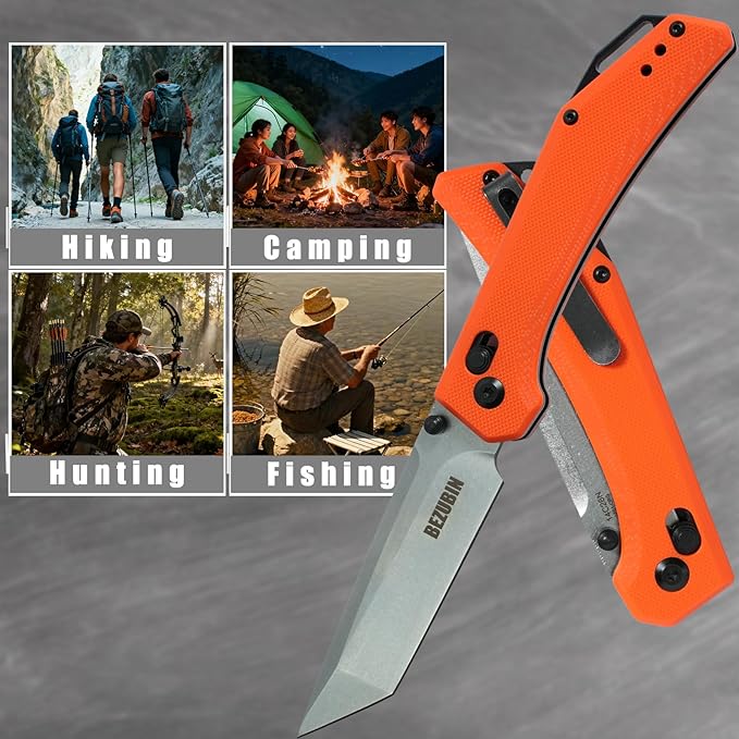 Axis Lock Folding Knife With Pocket Clip14C28N Steel BladeOrange G10 HandleEDC Pocket Knife for Camping Fishing Hiking Outdoor Survival