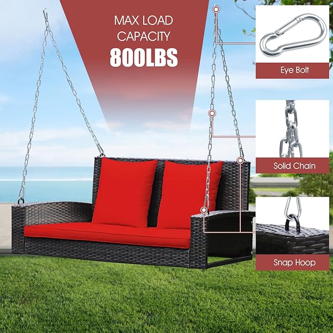 Tangkula 2-Person Wicker Porch Swing Patiojoy Outdoor Rattan Hanging Swing Bench W/ 2 Back Cushions &amp 1 Seat Cushion Sturdy Steel Chain 800lbs Weight Capacity