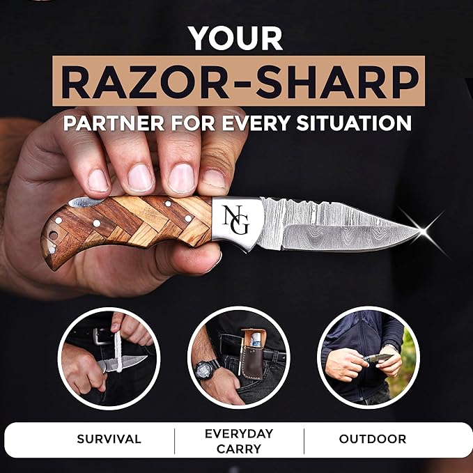 Custom Pocket Knife gifts for Men Personalized Damascus Folding Knife Engraved Gifts for Him Dad Boyfriend Husband Anniversary Groomsmen Gifts. Custom Knife for Camping Hunting Everyday Carry (