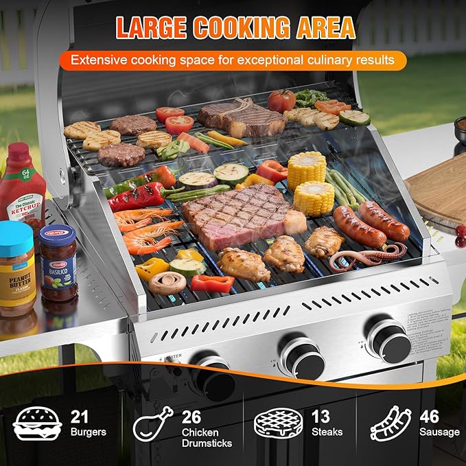 Electactic G31 Gas Grill 3-Burner Gas Grill with Folding Side TablesStainless Steel 24000 BTU BBQ GrillOutdoor Propane Grill for BarbecuePatioCamping