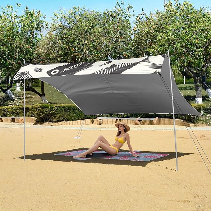 Dead Fish Skeletons Foldable Beach Canopy UPF50+ Waterproof Shade Sun Shelter with Sandbags &amp Sand Shovel for Camping Picnics Backyard &amp Fishing