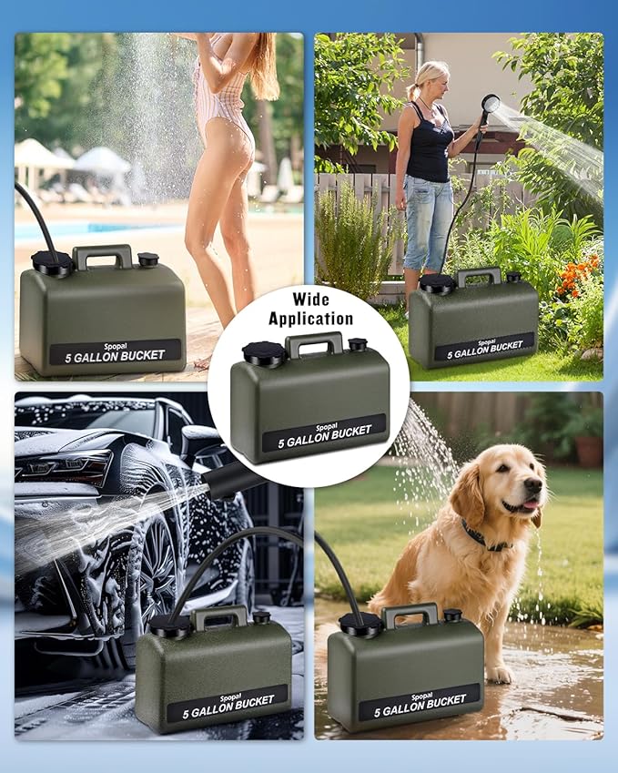 Spopal Portable Shower for Camping with 5-Gallon Water Jug [Upgraded] 10000mAh Rechargeable Camping Shower with 5 Adjustable Speeds Food Grade Material Water Containers for Hiking Travel Car Pet