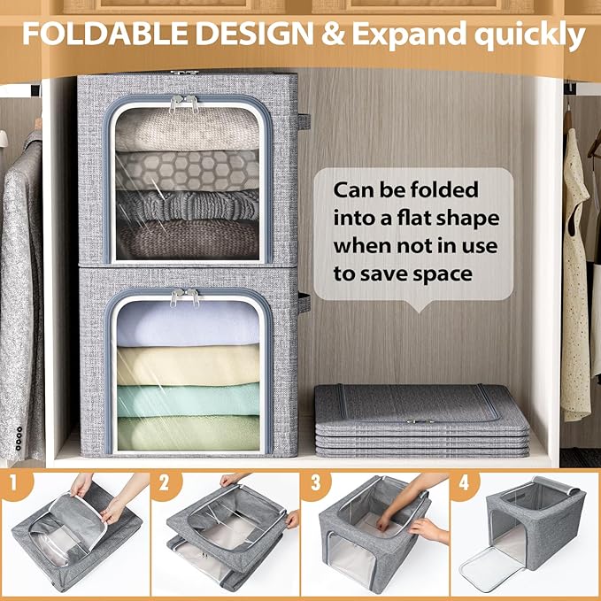 8 Pack Clothes Storage Bins with Metal Frame Foldable Clothing Storage Bins with Lids 49L Stackable Storage Box for Closet Fabric Organizer with Clear Window for Sweaters T-Shirts BeddingLight Grey